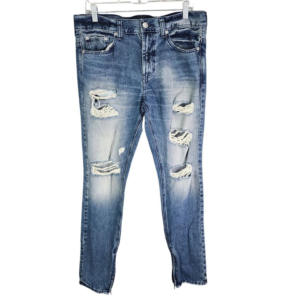 Mens Pacsun Stacked Skinny Denim Blue Jeans Side Hem Zippers Distressed 32x30